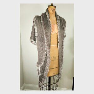 Rabbit Fur Knitted Wrap – Acrylic Knit w/ Real Rabbit Trim – Size M